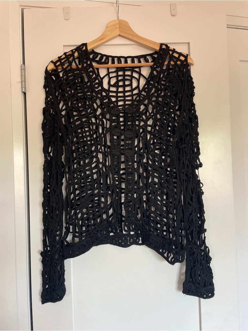 Black Crochet Openwork Women's Sweater